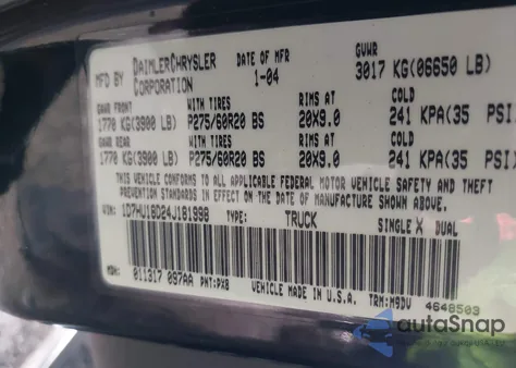 2004 Dodge Ram 1500 Slt/Laramie из США, поврежденный, VIN 1D7HU18D24J181998